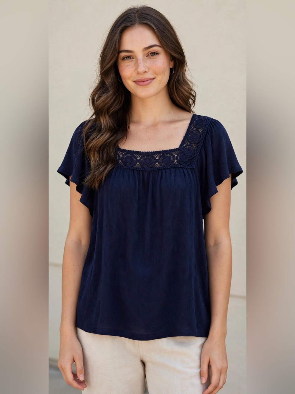Old Navy Navy Crochet Yoke Flutter Sleeve Tunic